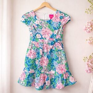 Lilly Pulitzer Girls 7 Floral Dress Blue Pink Bow Waist Ruffle Hem 100% Cotton